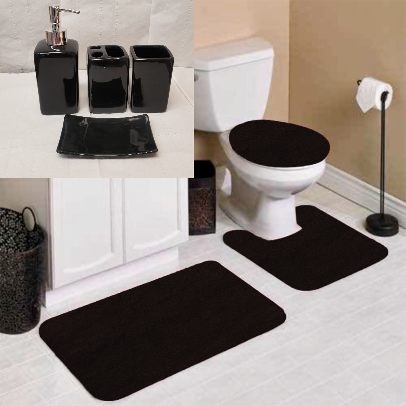 Chenille Non Slip Mat Rug for Bathroom #6 Black Color 1 Mat,1 Contour Mat, 1 Lid Cover & 4pc Matching Ceramic Accessories