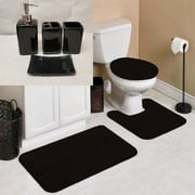 Chenille Non Slip Mat Rug for Bathroom #6 Black Color 1 Mat,1 Contour Mat, 1 Lid Cover & 4pc Matching Ceramic Accessories