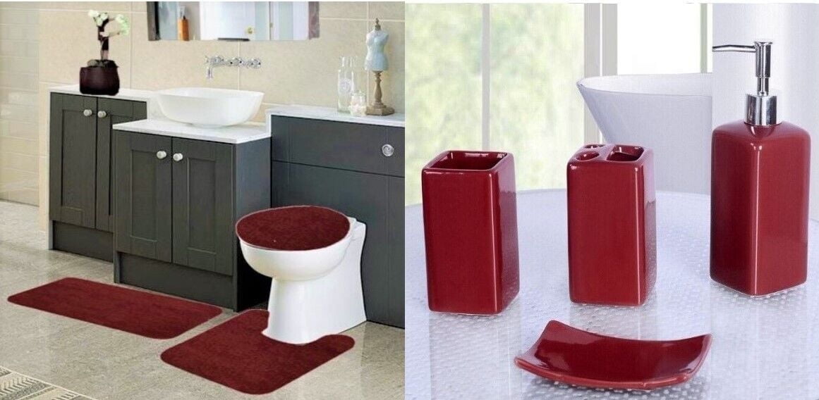 Chenille Non Slip Mat Rug for Bathroom #6 Burgundy Color 1 Mat ,1 Contour Mat, 1 Lid Cover & 4pc Matching Ceramic Accessories