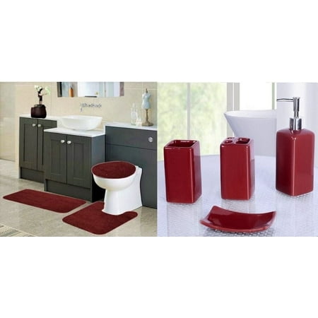 Chenille Non Slip Mat Rug for Bathroom #6 Burgundy Color 1 Mat ,1 Contour Mat, 1 Lid Cover & 4pc Matching Ceramic Accessories