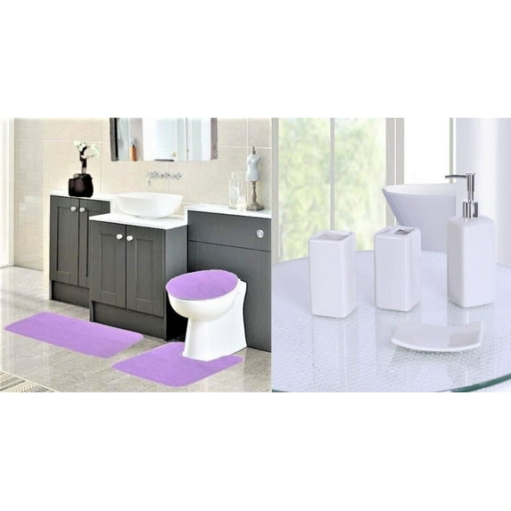Chenille Non Slip Mat Rug for Bathroom #6 Lilac Color 1 Mat ,1 Contour Mat, 1 Lid Cover & 4pc Matching Ceramic Accessories
