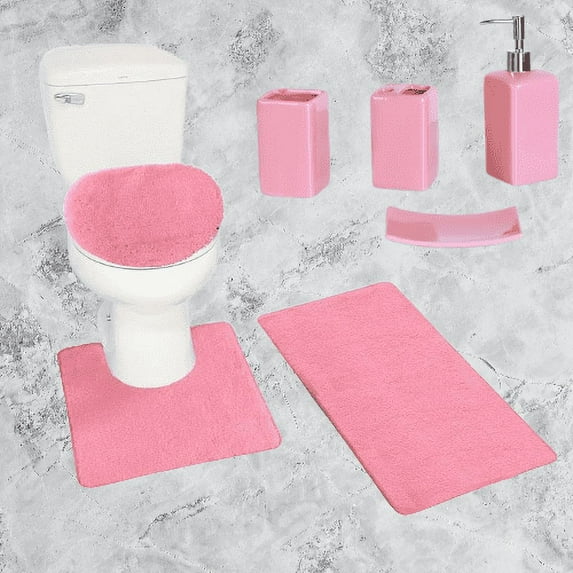 Chenille Non Slip Mat Rug for Bathroom #6 Pink Color 1 Mat ,1 Contour Mat, 1 Lid Cover & 4pc Matching Ceramic Accessories