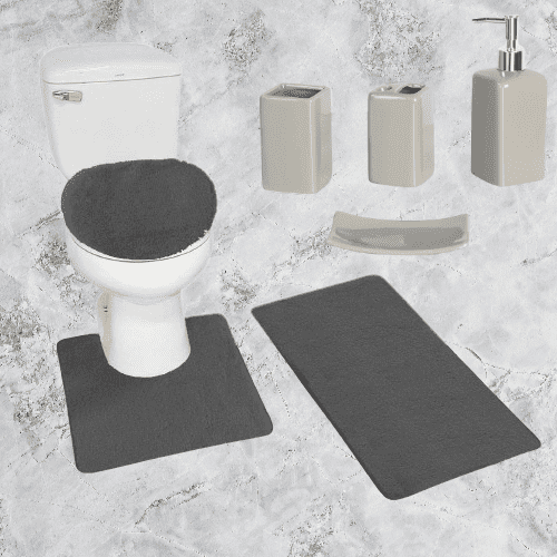 Chenille Non Slip Mat Rug for Bathroom #6 Rust Color 1 Mat ,1 Contour Mat, 1 Lid Cover & 4pc Matching Ceramic Accessories