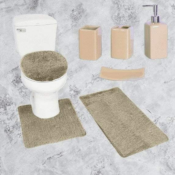 Chenille Non Slip Mat Rug for Bathroom #6 Taupe Color 1 Mat,1 Contour Mat, 1 Lid Cover & 4pc Matching Ceramic Accessories