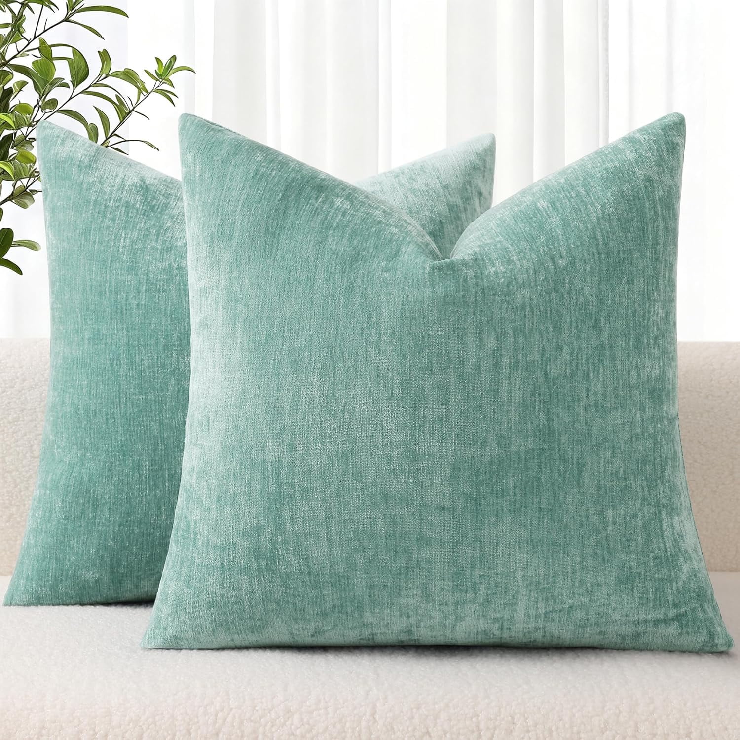 Chenille Olive Green Spring Throw Pillow Covers 16x16 Inch Set of 2 ...