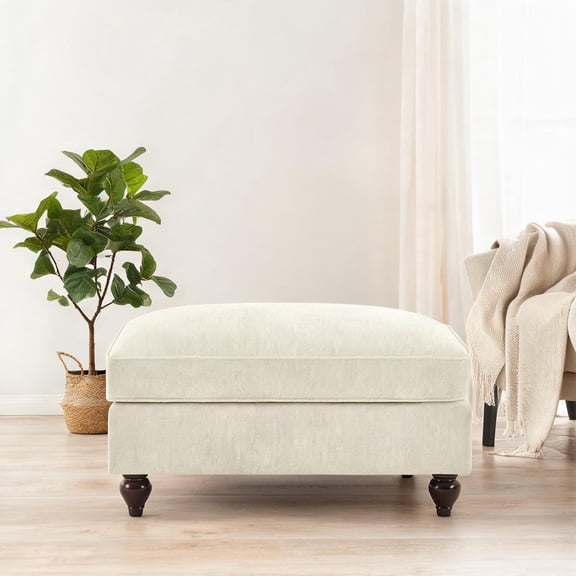 Chenille Ottoman, Soft White, Multi-Use Modular Accent Piece for Living Room Seating and Foot Rest