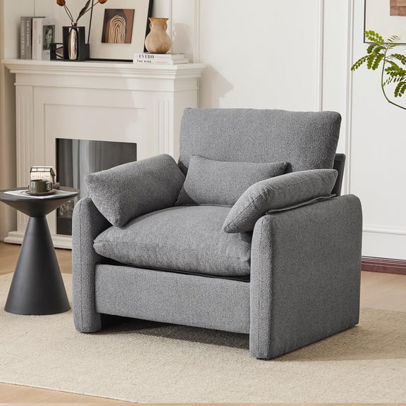 Chenille Oversized Accent Chair, Upholstered Armchairs with Fluffy Cushion, Mid Century Modern Lounge Chair Reading Chairs, Comfy Single Sofa for Living Room, Bedroom, Grey