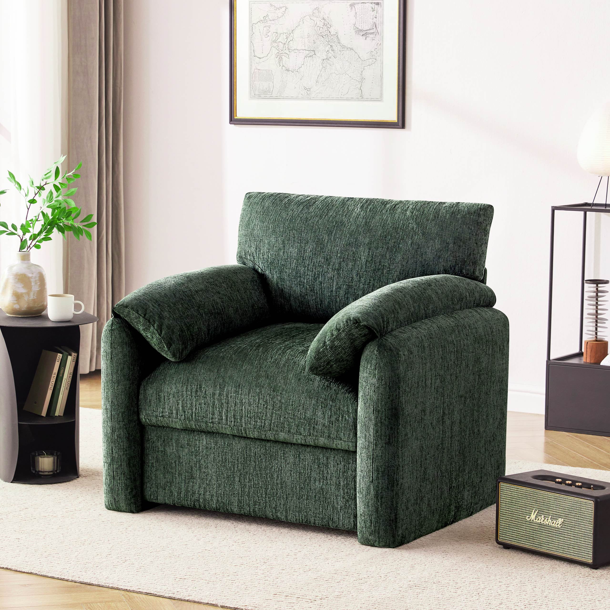 Chenille Oversized Armchair, 38.6" Wide Accent Chairs for Living Room & Bedroom Modern Lounge Chair, Upholstered Mid-Century Reading Chair, Comfy Living Room Chair, Single Sofa Chair, Green