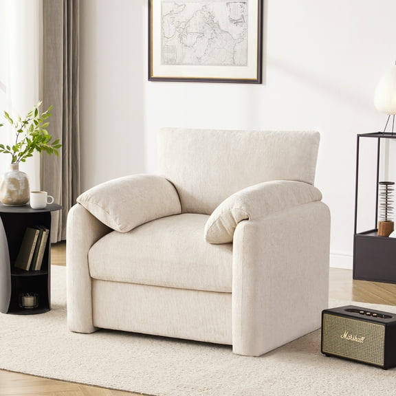 Chenille Oversized Armchair, 38.6" Wide Accent Chairs for Living Room, Modern Lounge Chair, Upholstered Mid-Century Reading Chair, Comfy Living Room Chair, Single Sofa Chair, (Beige, 1 Pack)