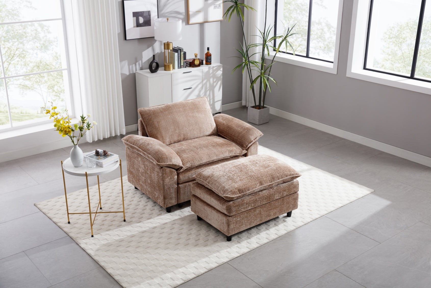 Chenille Oversized Chair with Ottoman, Comfy Oversized Single Sofa ...