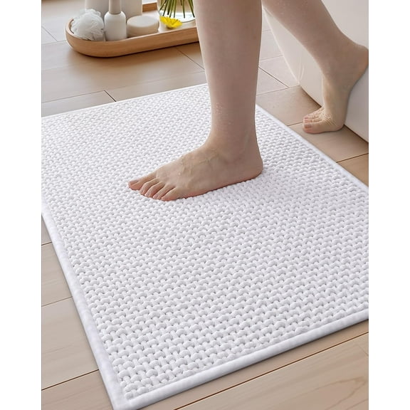 Chenille Pile Bathroom Rugs Upgraded Denser, 17"x29.5" Non Slip Absorbent White Bath Mats for Bathroom Thin Fit Under Door, Washable Quick Dry, Standard Sized