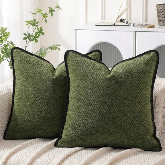 Chenille  Pillow Covers 18x18  Side 2 Pack Green | Embossed chenille front &  ; olive green,  zipper, fade & wrinkle resistant for sofa & bedroom decor