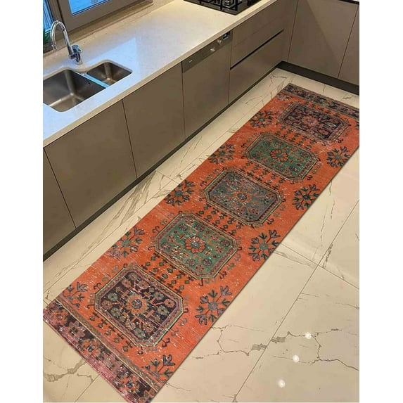 Chenille Printed Stye Rugs, Entryway Rugs, Green Rugs, Kitchen Rug, Runner Rugs, Turkish Rug, Car Mat Rugs, Tribal Rug, Floor Rug, Luxury Rugs, 3.3'x9.2' - 100x280 cm