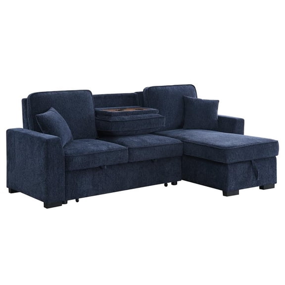 Chenille Pull Out Sofa Bed Modern L-Shaped Sleeper Sofa Dark Blue