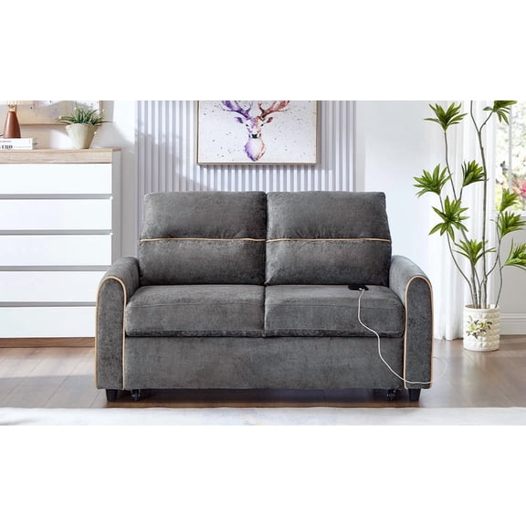 Chenille Pull Out Sofa Bed, 58-inch Sofa Bed, Sleeper Sofa, Loveseat Sofa  with Adjustable 3 -Position Backrest, 4 Side Pockets and Charging Ports for Living Room, Gray