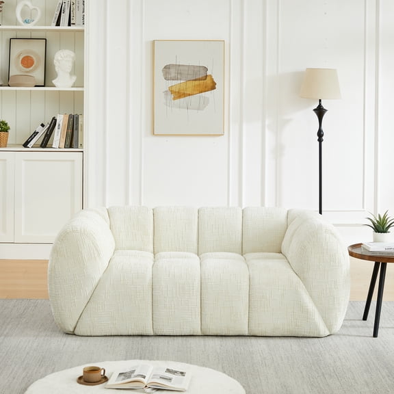 Chenille Pure Foam Sofa, Modern Quilted Cloud Sofa with Deep Seats, Piano-Key Backrest Design, Comfortable Two-Seater Couch for Living Room, Bedroom, Apartment, Beige
