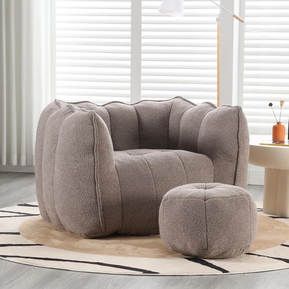 Chenille Reading Chair with Memory Foam Bean Bag Chair for Adults with Armrests Back Support Single Beanbag Sofa with Ottoman in Living Room for Adults and Teens