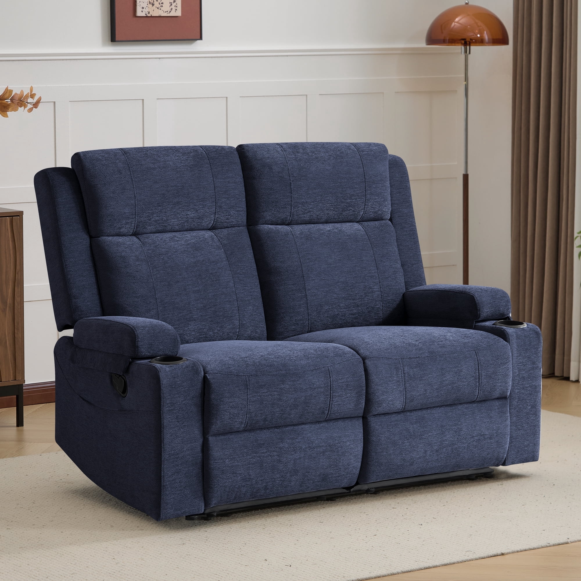 Chenille Reclining Couch, Manual Reclining Loveseat with Cup Holders, Wide Seat, Spill-Resistant Fabric, Easy Assembly, for Living Room/Apartment/RV Recliner Sofa
