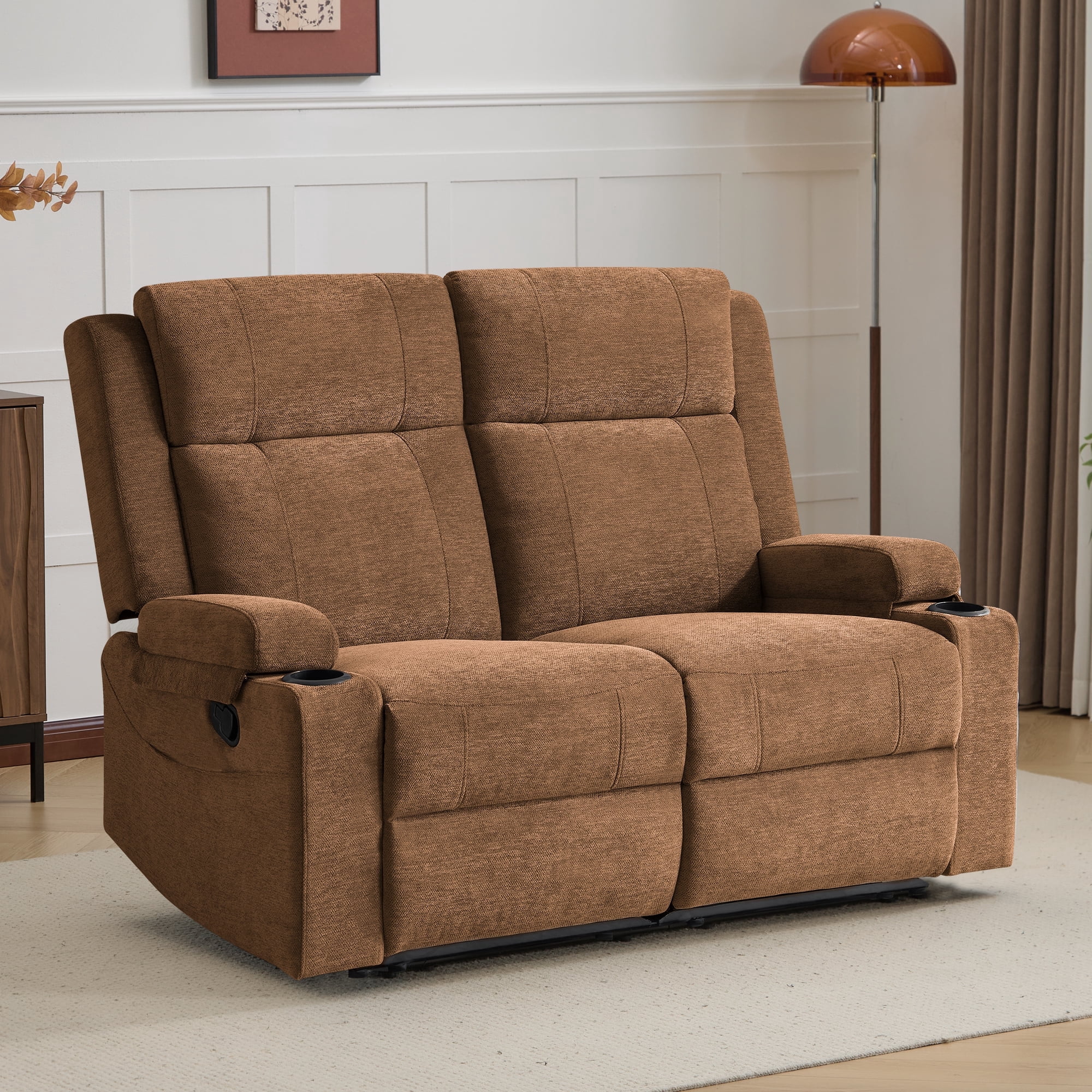 Chenille Reclining Couch, Manual Reclining Loveseat with Cup Holders, Wide Seat, Spill-Resistant Fabric, Easy Assembly, for Living Room/Apartment/RV Recliner Sofa