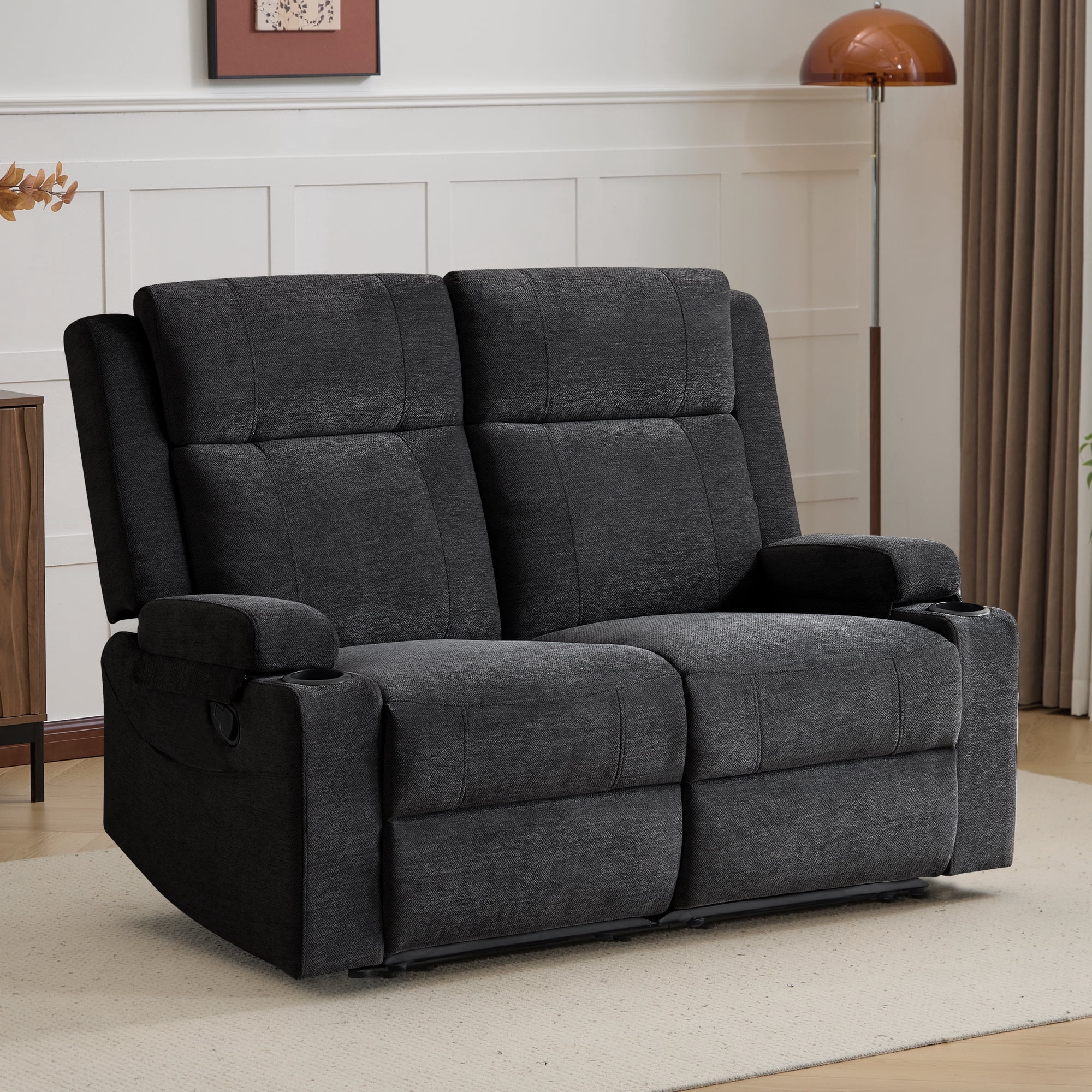 Chenille Reclining Couch, Manual Reclining Loveseat with Cup Holders, Wide Seat, Spill-Resistant Fabric, Easy Assembly, for Living Room/Apartment/RV Recliner Sofa