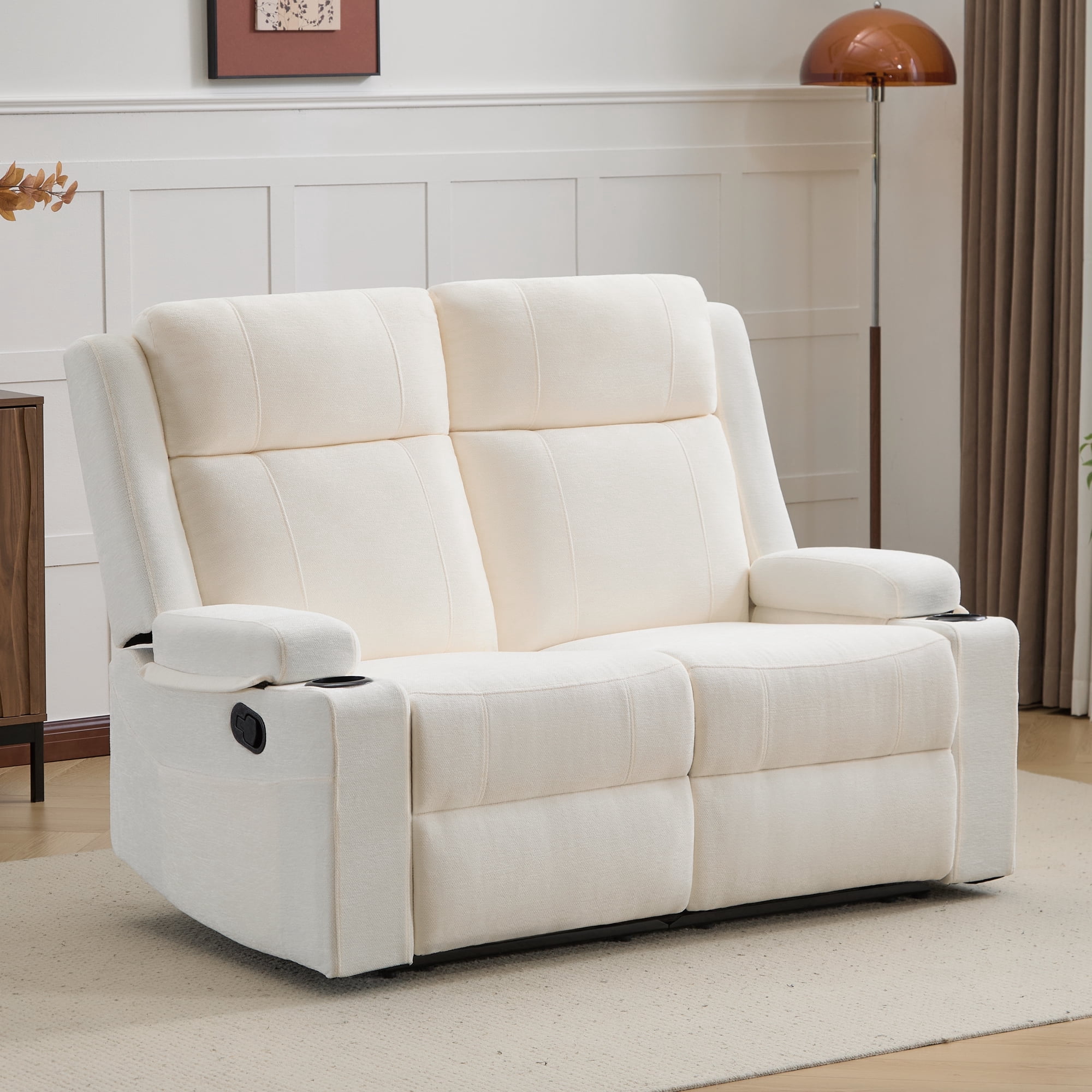 Chenille Reclining Couch, Manual Reclining Loveseat with Cup Holders, Wide Seat, Spill-Resistant Fabric, Easy Assembly, for Living Room/Apartment/RV Recliner Sofa