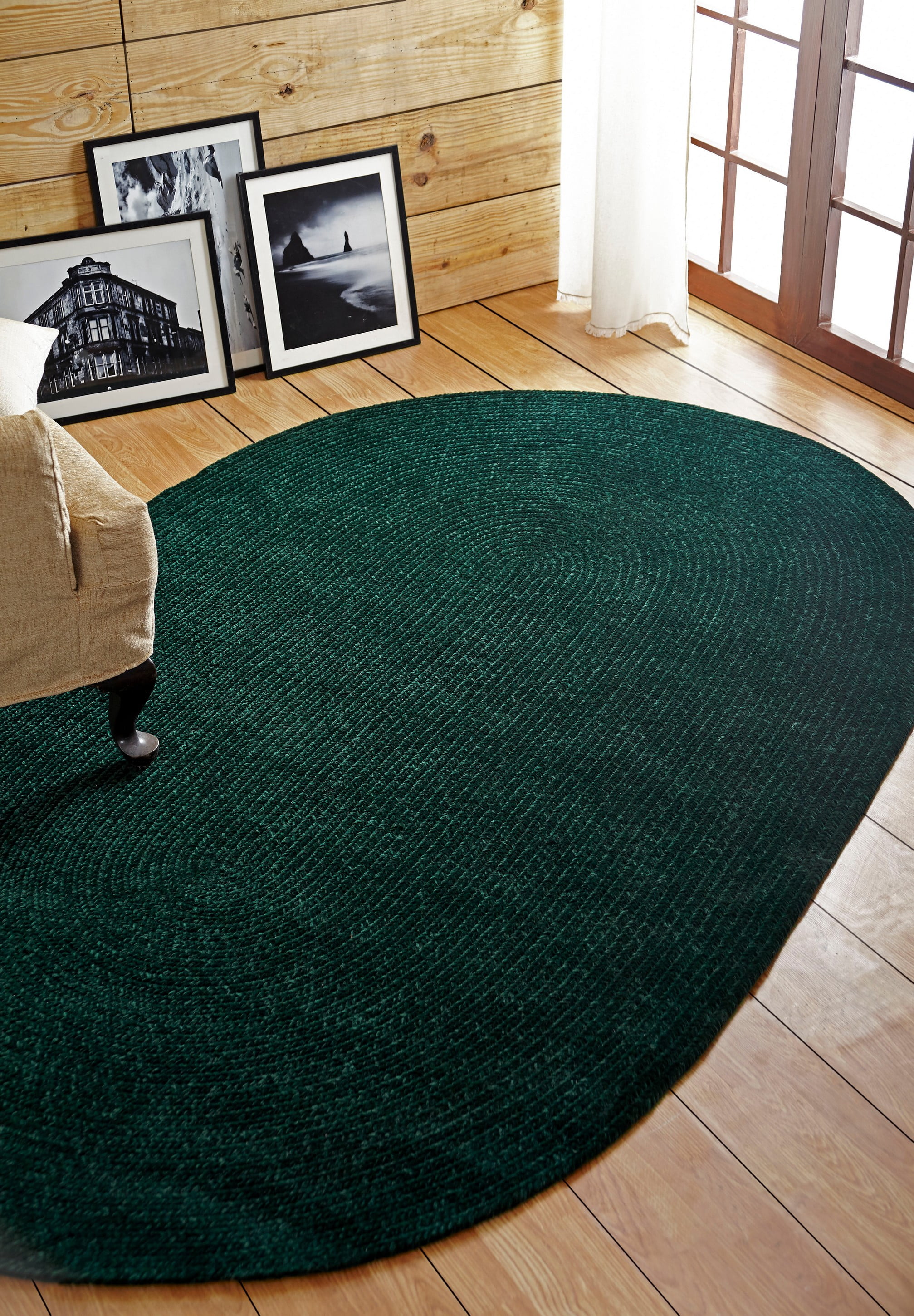 Emerald Green Oval Braided Reversible Synthetic Rug, 30" x 50"
