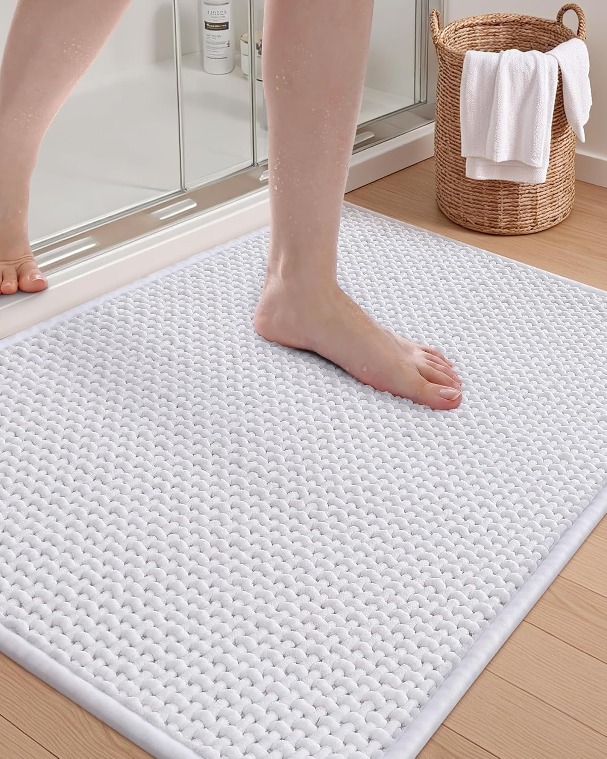Chenille Rubber Backed White Bathroom Rugs- Non Slip, Absorbent, Quick ...