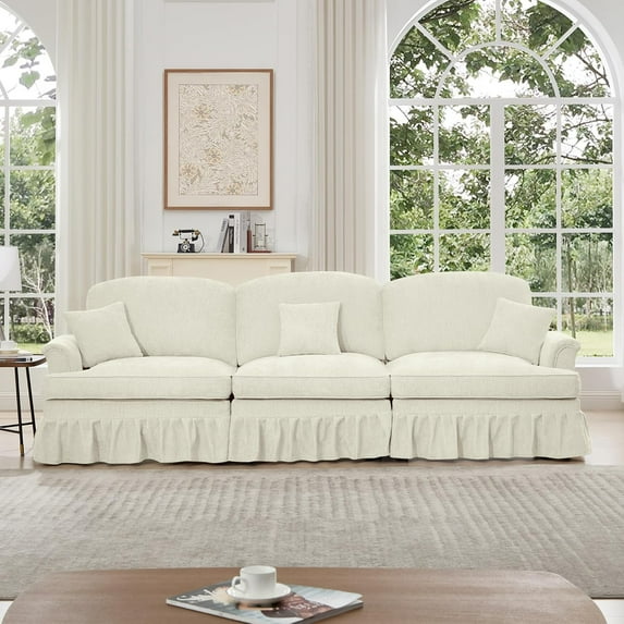 Chenille Sectional Sofa, 3 Seat Sofa with Flared Arms, Removable Ruffles Pleats Skirts, Mid Century Deep Seat Sofa for Living Room, Beige