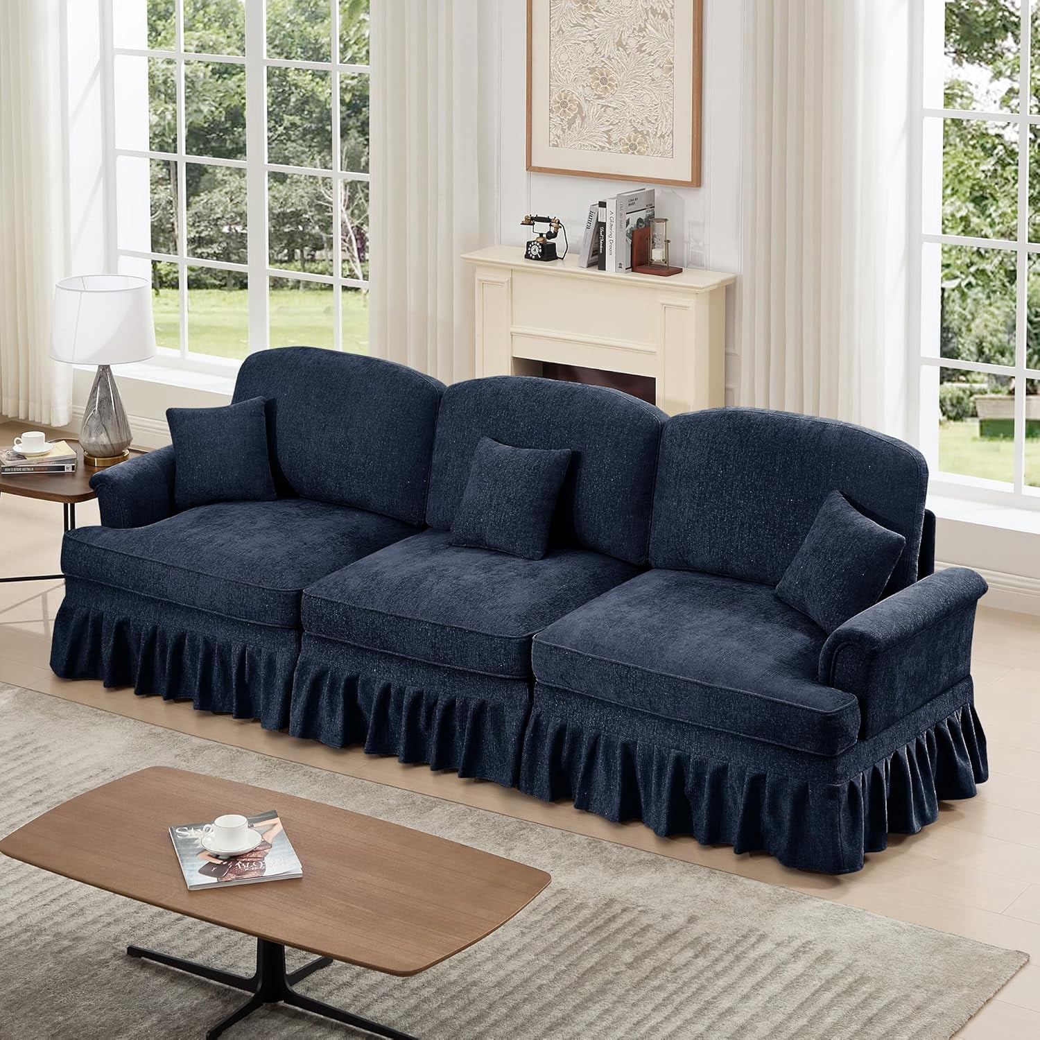 Chenille Sectional Sofa, 3 Seat Sofa with Flared Arms, Removable Ruffles Pleats Skirts, Mid Century Deep Seat Sofa for Living Room, Blue