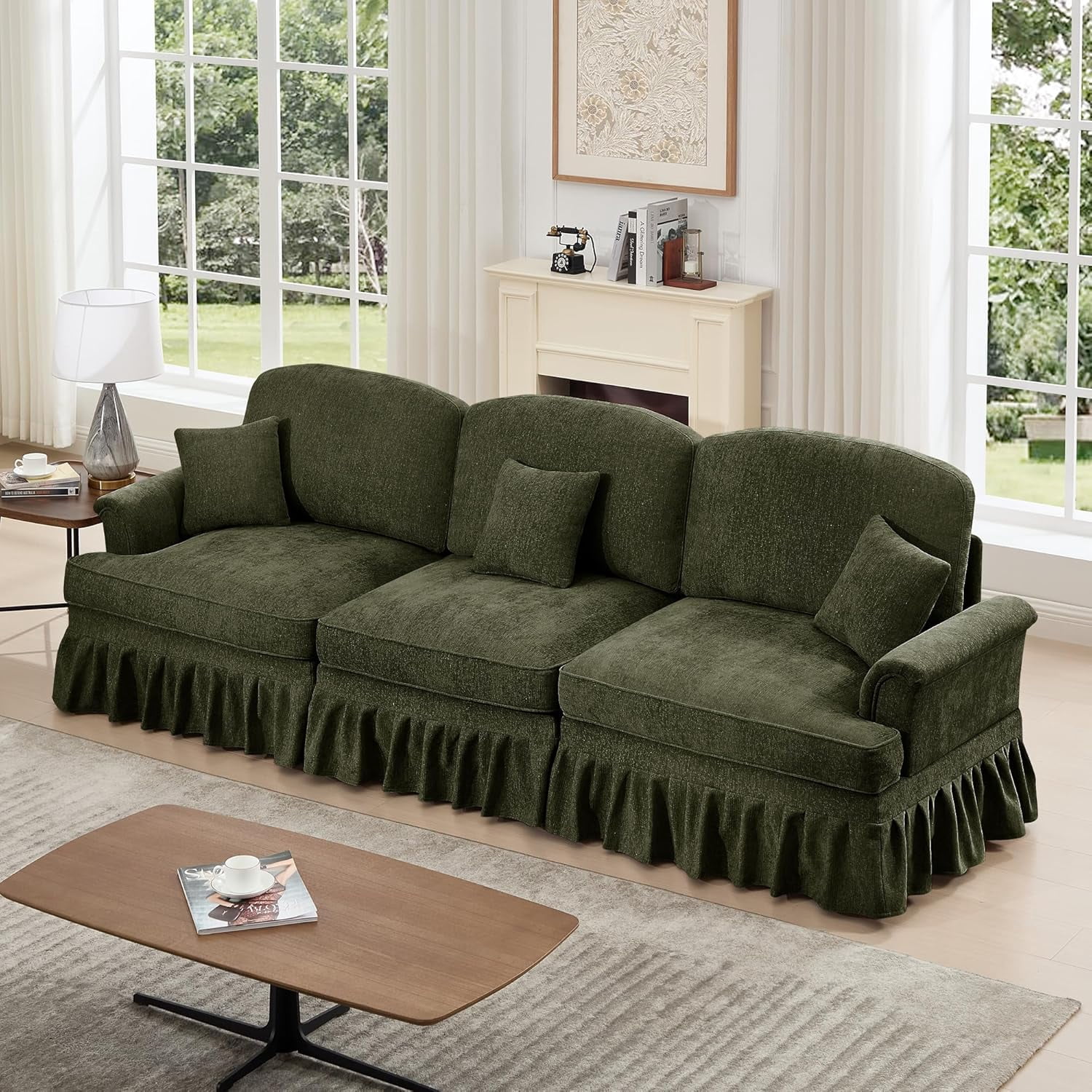 Chenille Sectional Sofa, 3 Seat Sofa with Flared Arms, Removable Ruffles Pleats Skirts, Mid Century Deep Seat Sofa for Living Room, Green