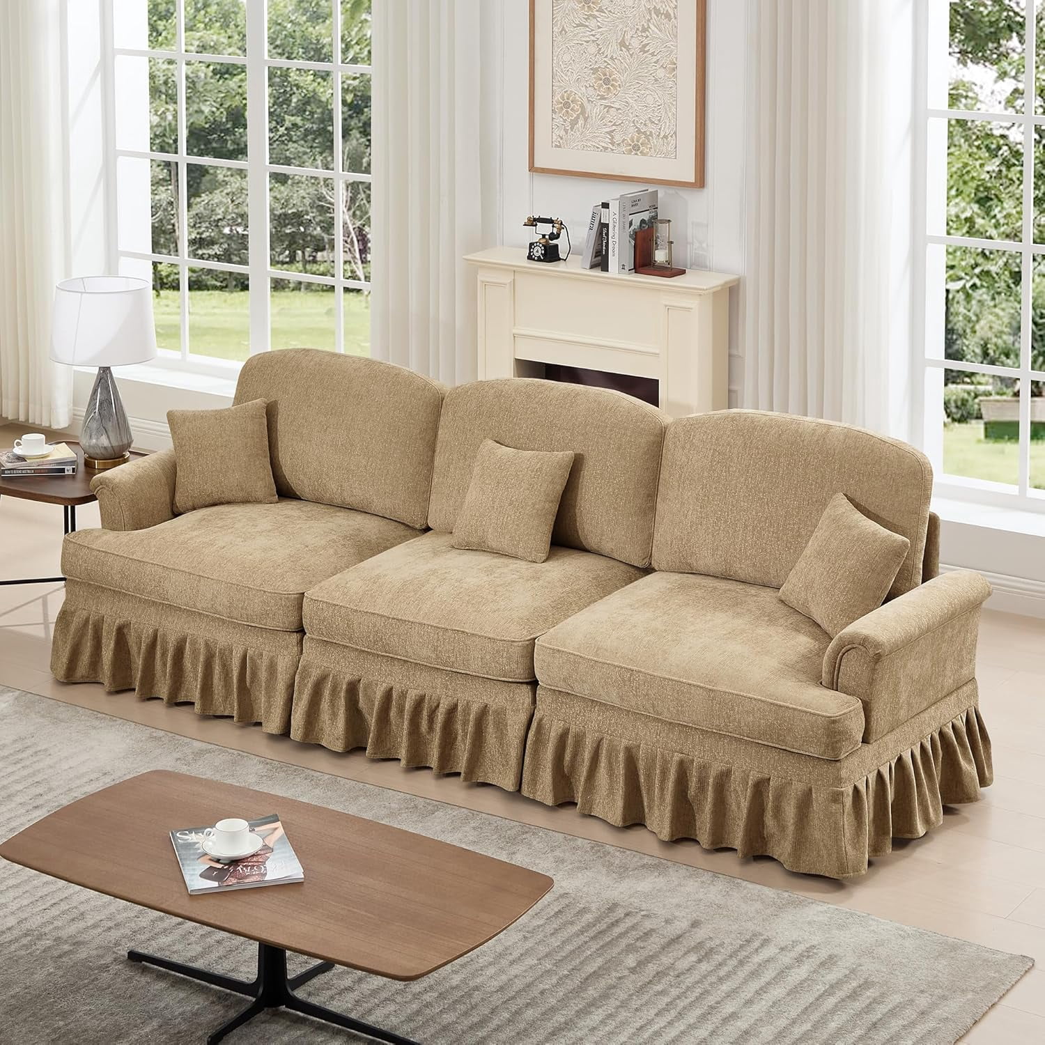 Chenille Sectional Sofa, 3 Seat Sofa with Flared Arms, Removable Ruffles Pleats Skirts, Mid Century Deep Seat Sofa for Living Room, Light Coffee