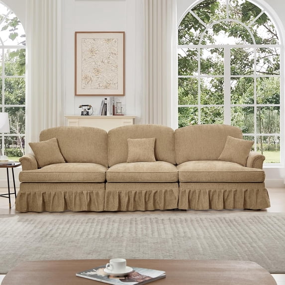 107.1'' Modular Sectional Sofa, Upholstered 3-Seat Sofa, Silver Chenille Couch with Removable Ruffles Pleats Skirts, Flared Arms, Deep Seat Sectional Couches for Living Room, Apartment, Light Coffee