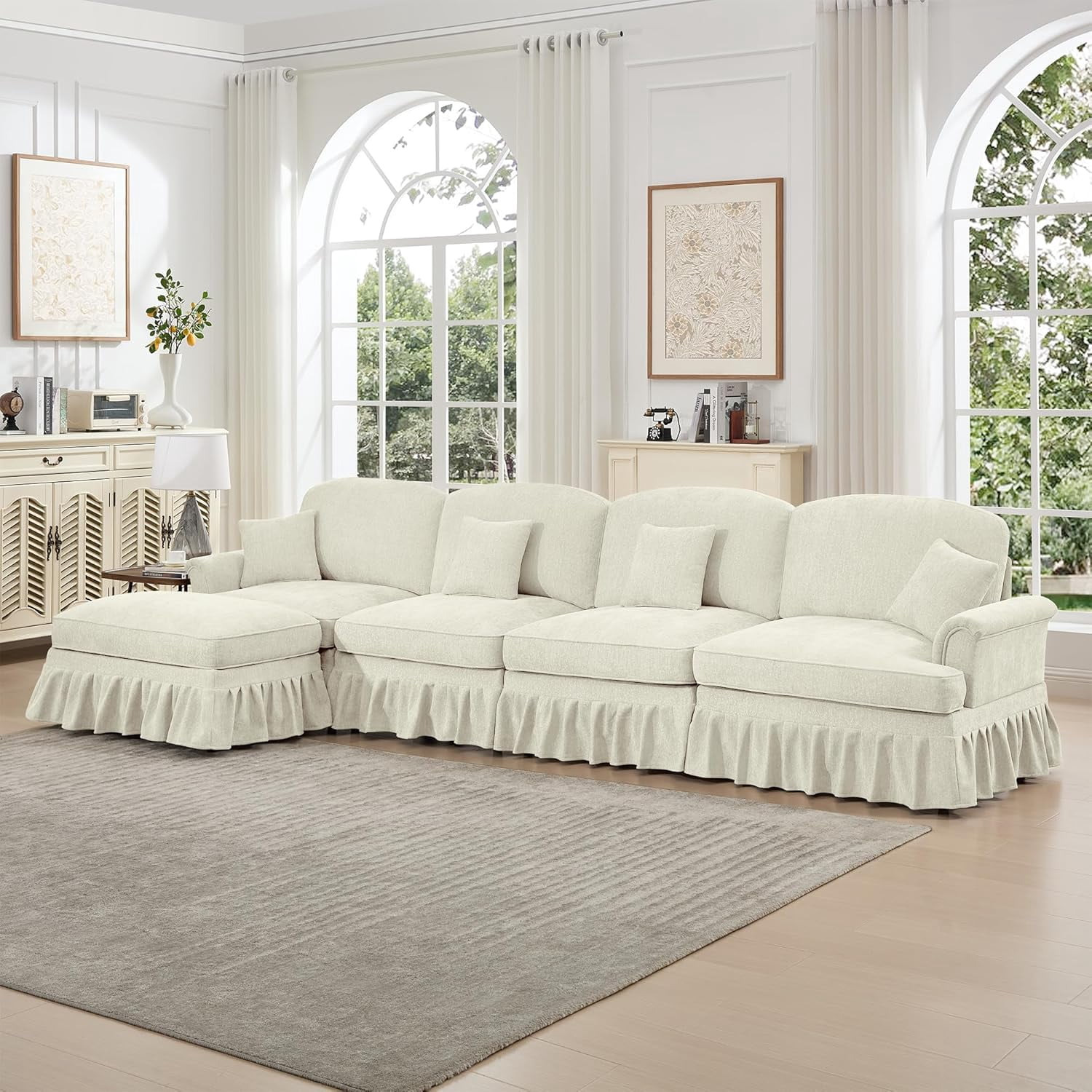 Chenille Sectional Sofa, L Shape 4 Seat Couch with Flared Arms & Removable Ruffles Pleats Skirts, Deep Seat Sofa for Living Room, Beige