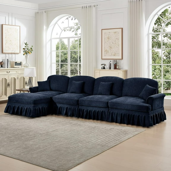Chenille Sectional Sofa, L Shape 4 Seat Couch with Flared Arms & Removable Ruffles Pleats Skirts, Deep Seat Sofa for Living Room, Blue