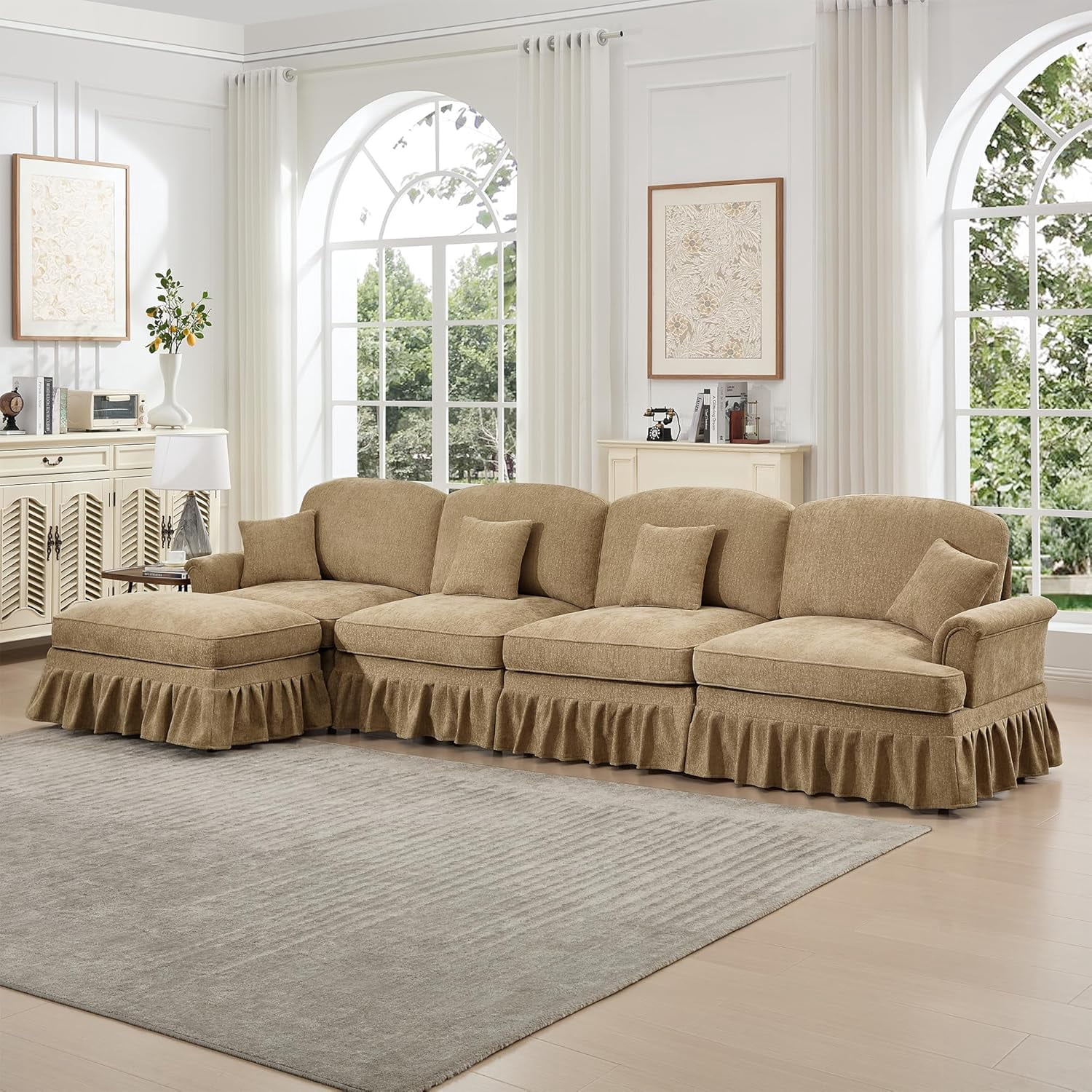 Chenille Sectional Sofa, L Shape 4 Seat Couch with Flared Arms & Removable Ruffles Pleats Skirts, Deep Seat Sofa for Living Room, Light Coffee