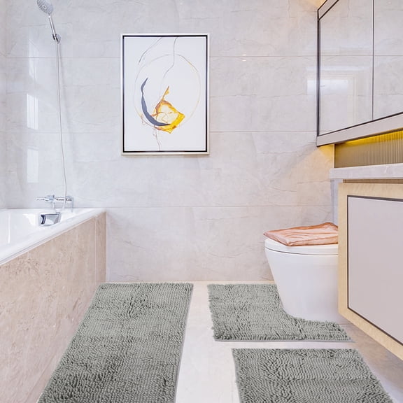Chenille Shag Bath Rugs 3 Piece Shaggy Bathroom Mat Set, Soft Plush Luxury, Absorbent, Non-Slip, 1 Large, 1 Contour, 1 Small
