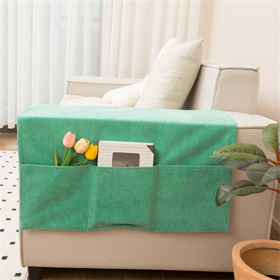 Chenille Sofa Armrest Organizer Cover, Non-Slip Pouch with Side Pockets for Remote Storage, Universal Couch Protector 43x24 Inch Mint Green (3 Pockets)
