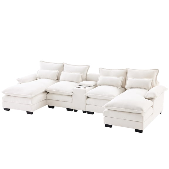 Chenille Sofa, Beige Hue / Cup Holders and USB Ports for Convenience