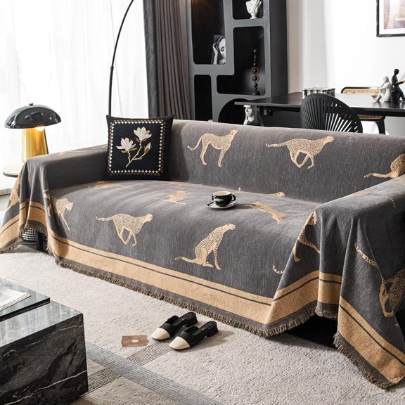 Chenille Sofa Cover with Tassels Non-Slip Couch Protector Washable Furniture Blanket for Pets Kids Modern Leopard Pattern  90x134