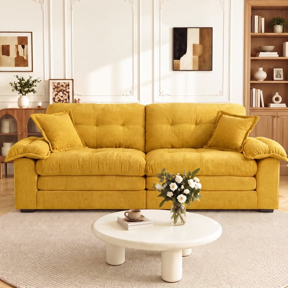 Wansaly 84" Loveseat Couch with Deep Seats,Chenille 2-Seater Sofa with Soft Sponge &2 Pillows, Cloud Upholstered Comfort for Living Room, Yellow