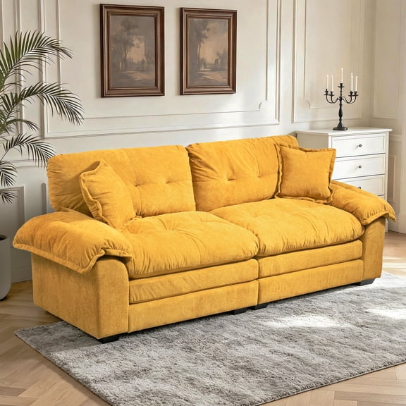 Wansaly 84" Corduroy Sofa, Soft Sponge, Deep Seats, 2 Pillows, Upholstered Comfort for Living Room, Yellow