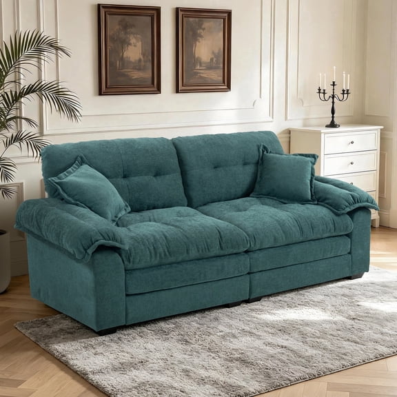 Wansaly 84" Corduroy Sofa, Soft Sponge, Deep Seats, 2 Pillows, Upholstered Comfort for Living Room, Retro Green