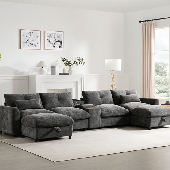 Chenille Sofa with 6 Seats - Spacious Seating for Family Gathering