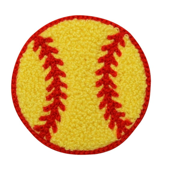 Chenille Softball - 3" - Yellow/Red- Iron on Applique/Embroidered Patch