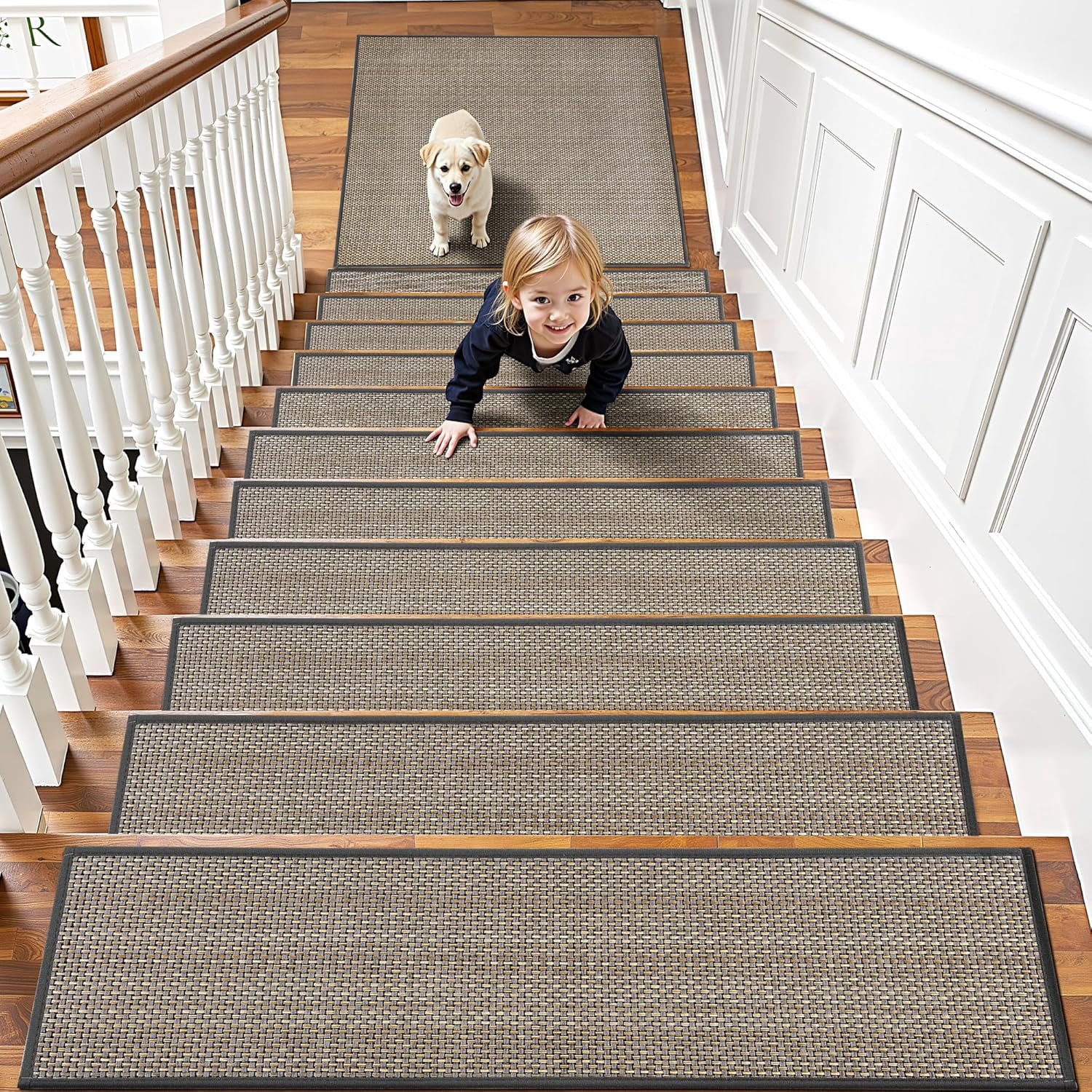 Boho Non-Slip Stair Treads - 15 Pcs 8x30 Inch Washable Runner For Wood Steps (Blue)