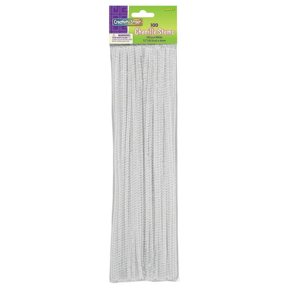 Chenille Stems, 12", White - 100 per Pack, 12 Packs
