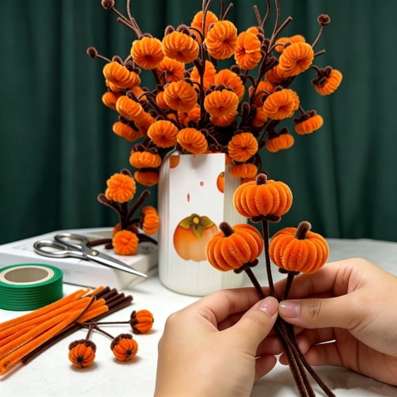 Chenille Stems for Crafts, Thick Fluffy Pipe Cleaners Kit with Floral Wire & Tape, DIY Pumkin Bouquet Making Set, Fall Autumn Colors Crafting Supplies for Beginners