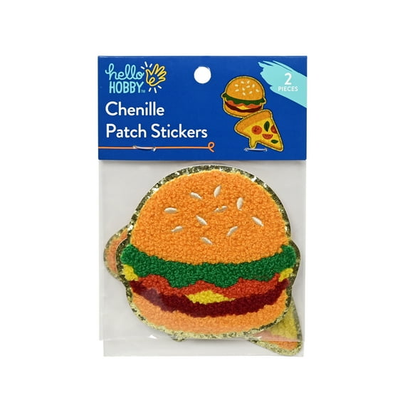 Hello Hobby Hamburger & Pizza Chenille Patch Stickers, Food Icons, 2 Count