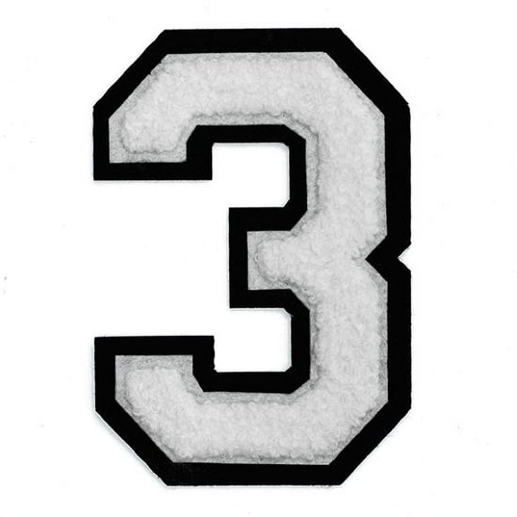 Chenille Stitch Varsity Iron-On Patch by pc, 4-1/2", White/Black, TR-11649 (Number 3)
