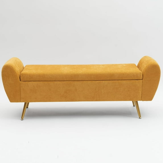 Chenille Storage Bench for Bedroom, Long Bench for King Size Bed, Modern Upholstered End of Bed Ottoman Bench with Arms for Entryway Living Room (Mustard Yellow)